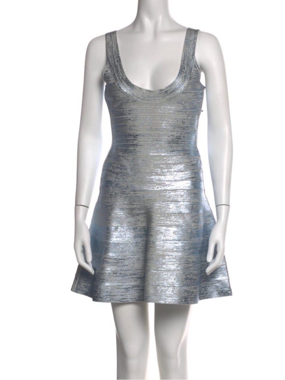 Herve Leger Metallic Silver Scoop Neck Mini Dress